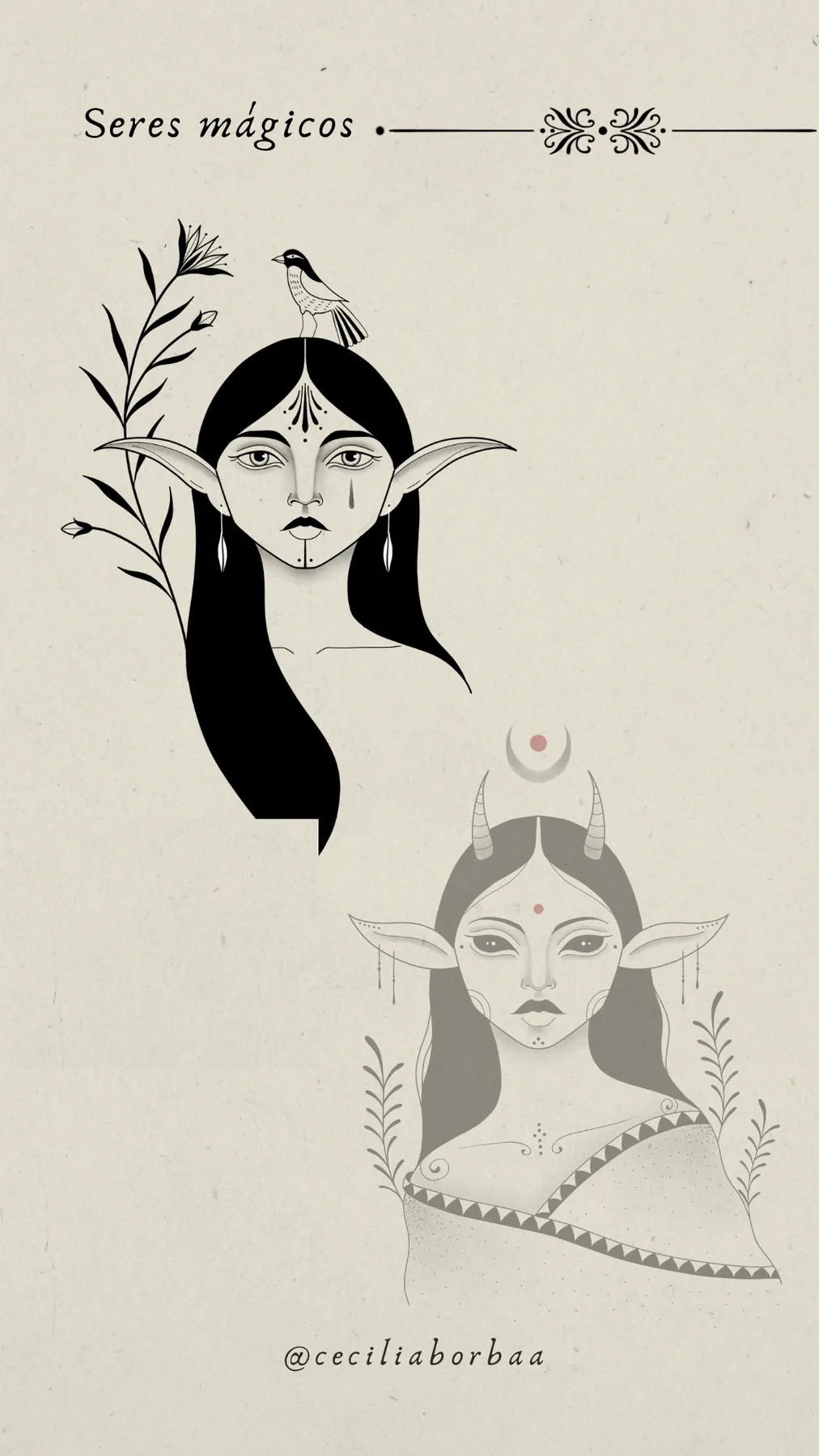 Duas figuras místicas femininas — arte de Cecília Borba